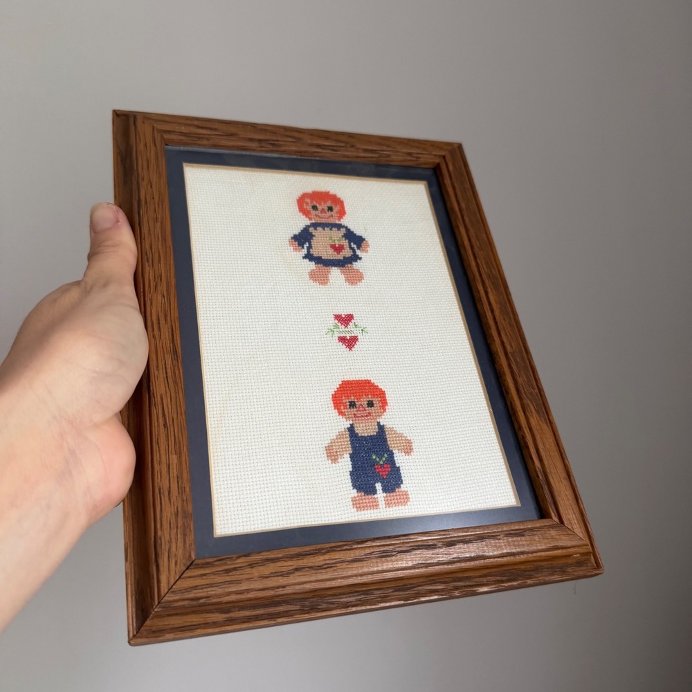 Vintage Raggedy Ann and Andy Framed Cross Stitch Needlepoint Wall Art 7.5x9.5 - Picture 2 of 6